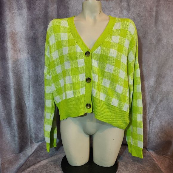 Women's Green Checkered Cardigan Sweater 100% Cotton - Picture 2 of 5